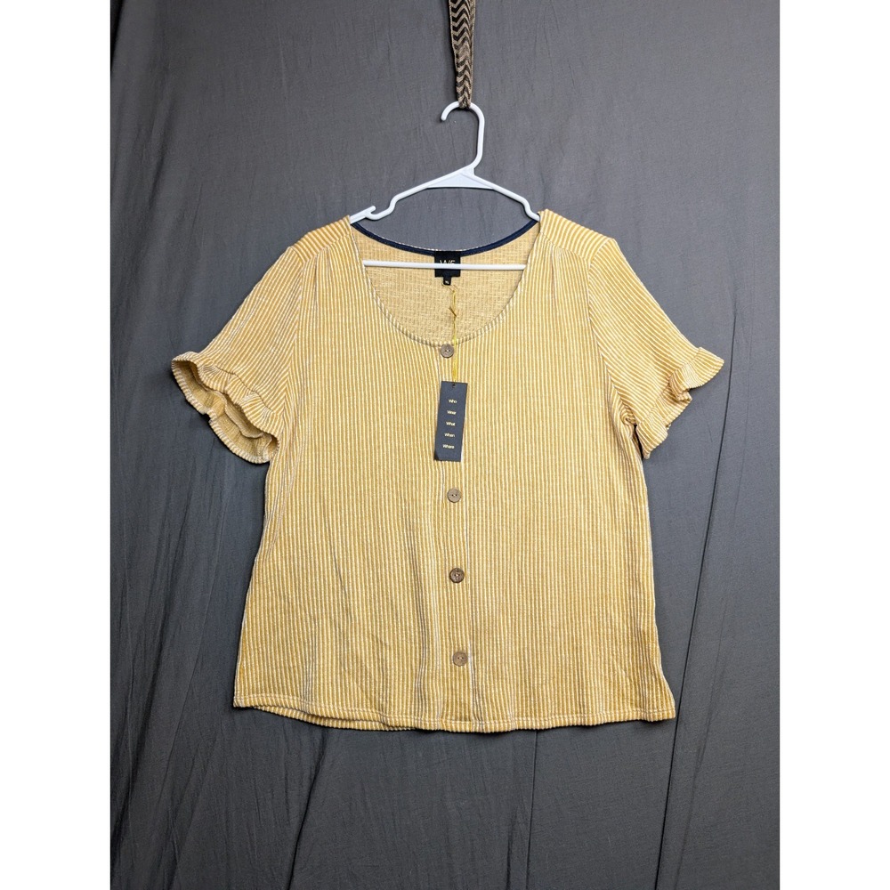 W5 Yellow Ribbed Button Ruffle Short Sleeve Blouse Size XLarge
